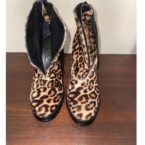 Burberry Leopard Print Calf Hair Fringe Stiletto Ankle Boots‎